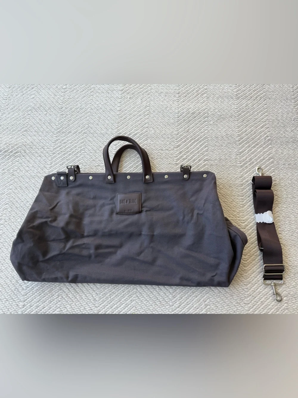 NWOT LINE OF TRADE Canvas Weekender Bag Grey and Brown Leather Large